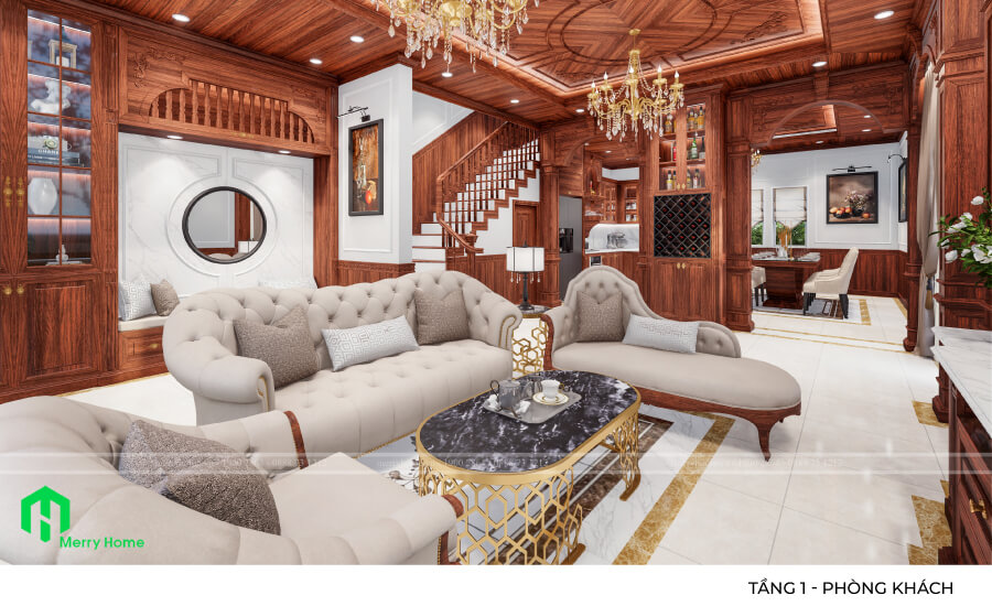 Thiết kế nội thất phòng khách tại biệt thự Tân Cổ Điển tone màu gỗ