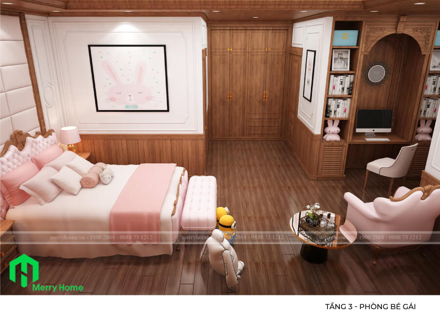 Thiết kế nội thất phòng ngủ bé gái tại biệt thự Tân Cổ Điển tone màu gỗ