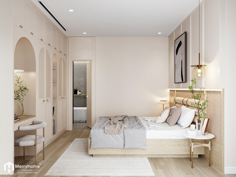 Thiết kế nội thất chung cư căn hộ 2 Phòng ngủ phong cách Japandi - phòng ngủ vợ chồng