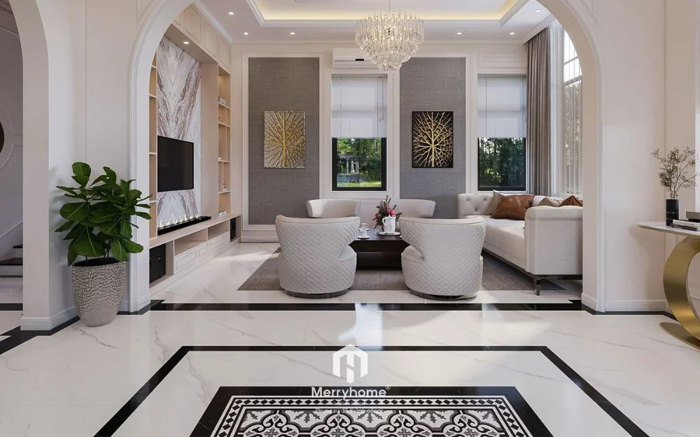 Quy luật cân xứng thể hiện qua việc các chi tiết như ghế, tranh và cửa sổ được bố trí đối ứng hai bên, tạo sự cân đối và hài hòa cho không gian.