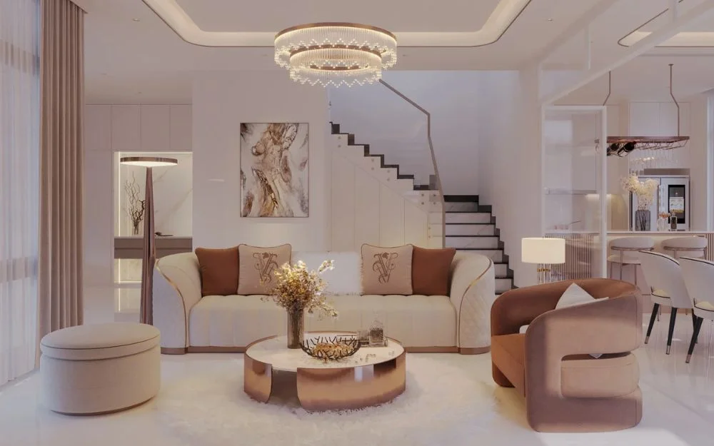 Nguyên lý thiết kế nội thất quy luật cân bằng đối xứng thể hiện qua việc sofa, bàn trà và đèn trần được bố trí theo trục trung tâm, tạo bố cục cân đối và ổn định rõ ràng.