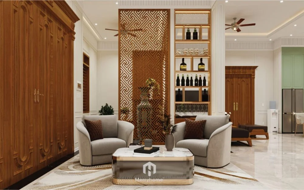 Quy luật nhấn mạnh thể hiện qua vách ngăn hoa văn trung tâm được làm nổi bật về màu sắc và hình khối, tạo điểm tập trung thị giác rõ ràng cho toàn bộ không gian.