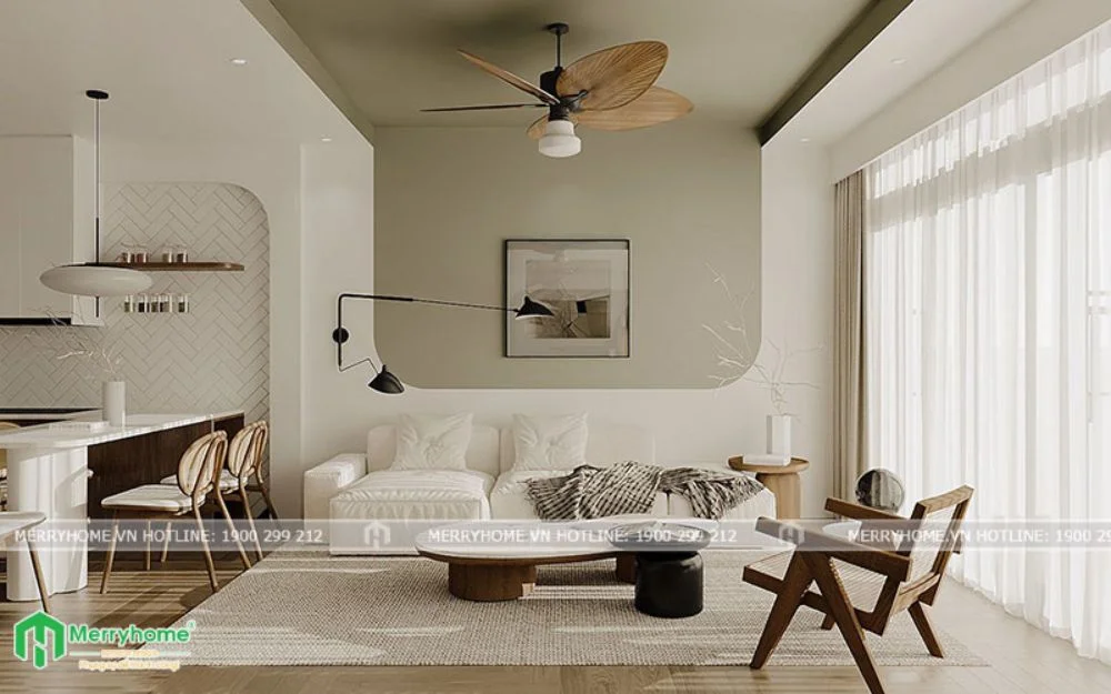 Thiết kế phòng khách phong cách Wabi Sabi với bố cục tự nhiên, sử dụng vật liệu mộc và ánh sáng dịu