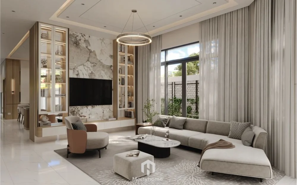 Thiết kế nội thất bình dương Phòng khách hiện đại sử dụng sofa chữ L, bố trí gần cửa sổ để tận dụng ánh sáng tự nhiên