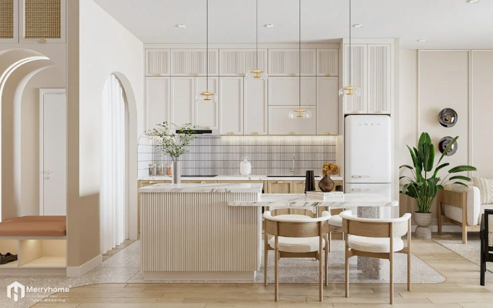 Thiết kế nội thất Bình Dương phong cách Japandi với cách bố trí mở, kết hợp bàn ăn và bếp liền mạch