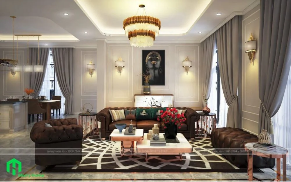 Sofa trung tâm, bàn trà phía trước, phía sau kết nối bếp và bàn ăn