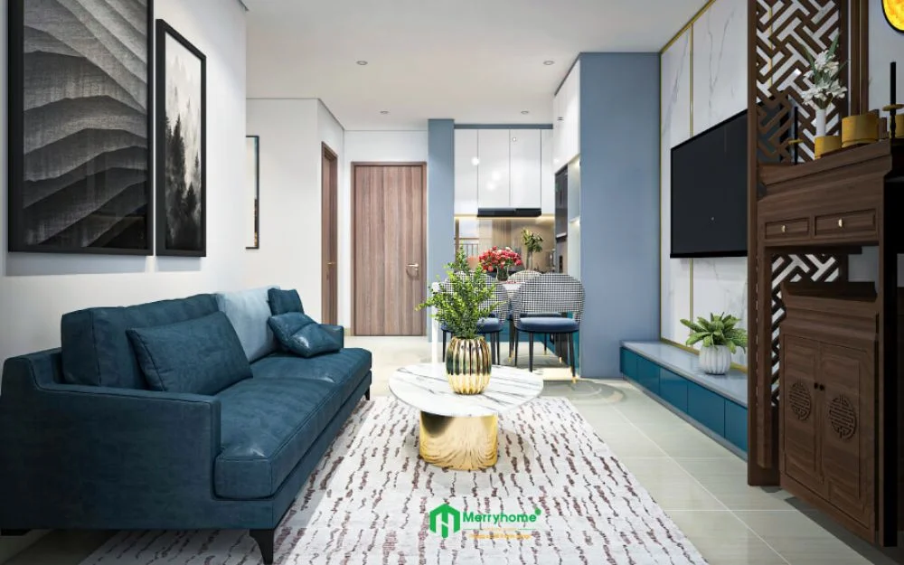 Sofa đặt dọc nhà, kệ tivi đối diện, bàn ăn phía sau tạo trục không gian thẳng
