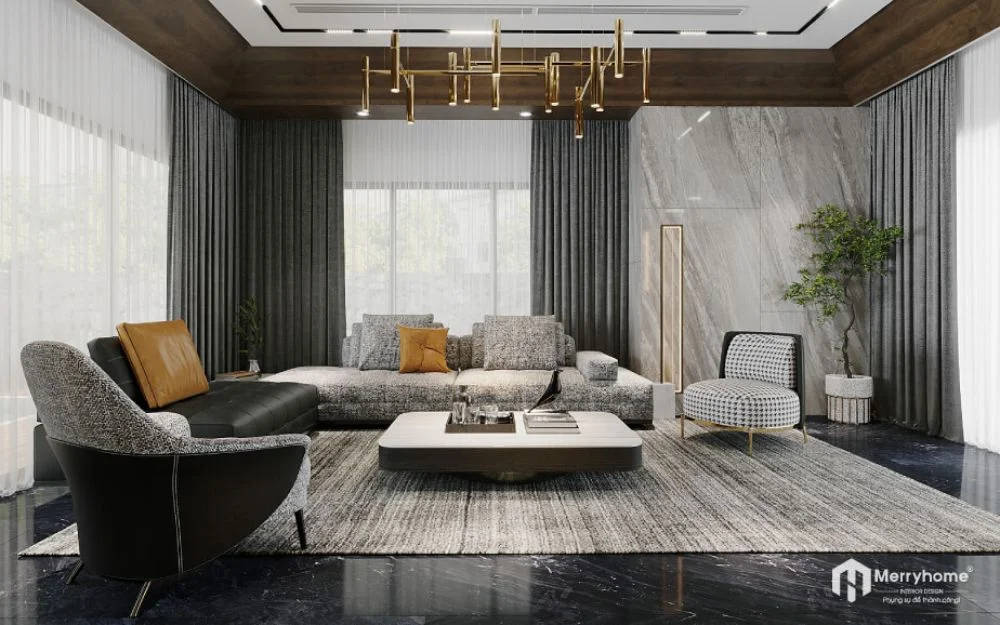 Sofa chữ L trung tâm, bàn trà phía trước, bố trí rộng cho không gian lớn