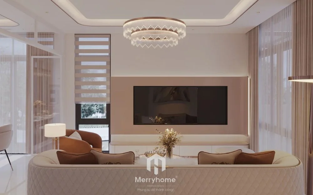 Thiết kế nội thất nhà liền kề Sofa đối diện kệ tivi, bố trí ánh sáng trần kết hợp rèm giúp không gian mềm và sáng
