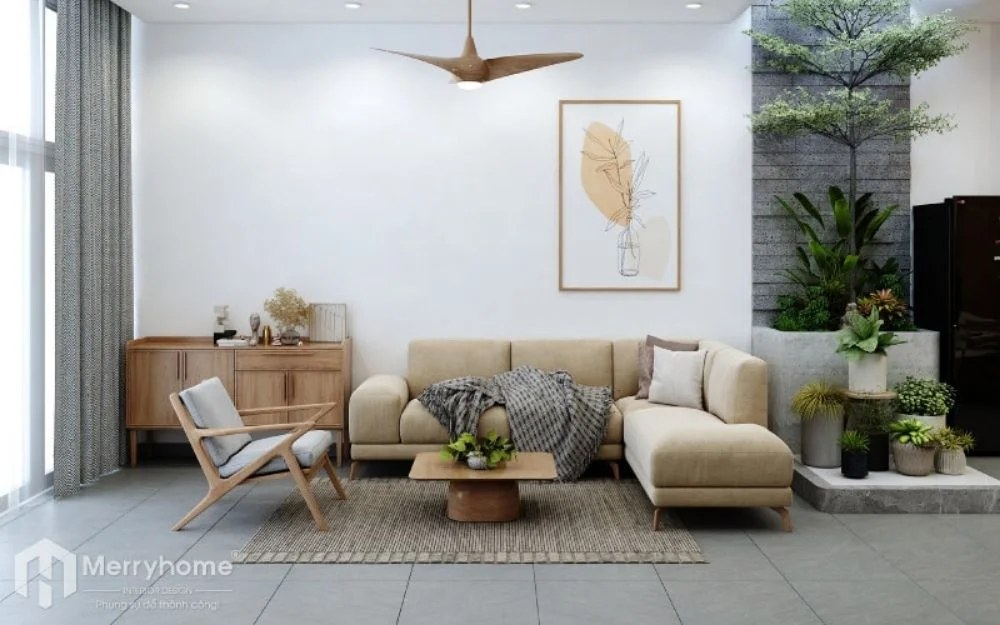 Mẫu phòng khách trong thiết kế nội thất căn hộ 70m2 phong cách Japandi 