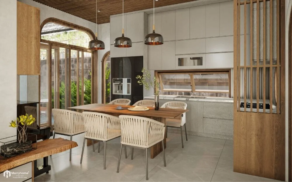 Mẫu phòng bếp trong thiết kế nội thất căn hộ 70m2 phong cách Japandi 