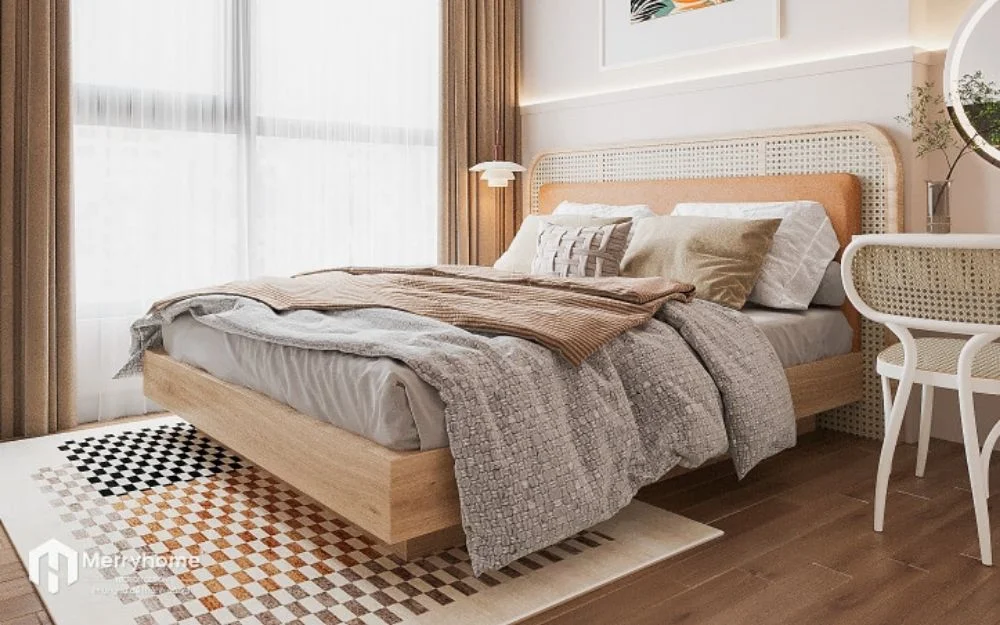 Mẫu phòng ngủ trong thiết kế nội thất căn hộ 70m2 phong cách Japandi 