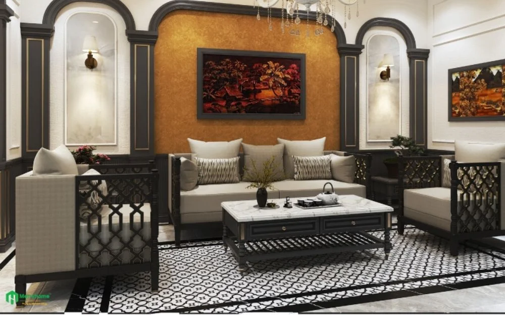 Mẫu phòng khách trong thiết kế nội thất căn hộ chung cư 70m2 phong cách Indochine