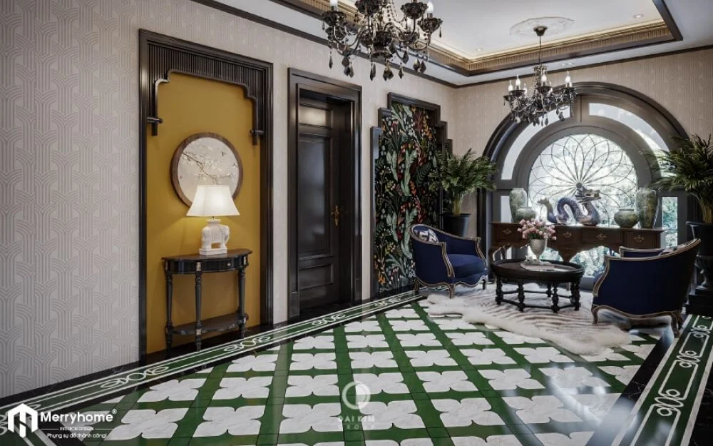 Mẫu phòng khách trong thiết kế nội thất căn hộ chung cư 70m2 phong cách Indochine