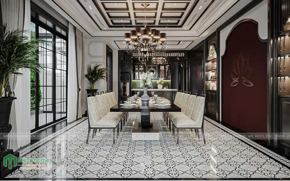 Mẫu phòng bếp trong thiết kế nội thất căn hộ chung cư 70m2 phong cách Indochine