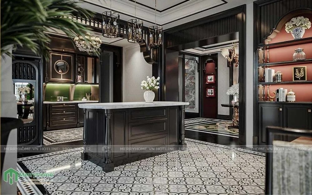 Mẫu phòng bếp trong thiết kế nội thất căn hộ chung cư 70m2 phong cách Indochine