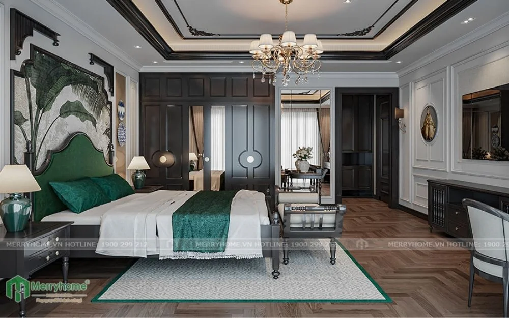 Mẫu phòng ngủ trong thiết kế nội thất căn hộ chung cư 70m2 phong cách Indochine
