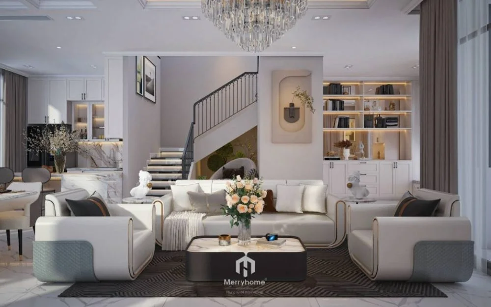 Mẫu phòng khách trong thiết kế nội thất căn hộ 70m2 phong cách tân cổ điển