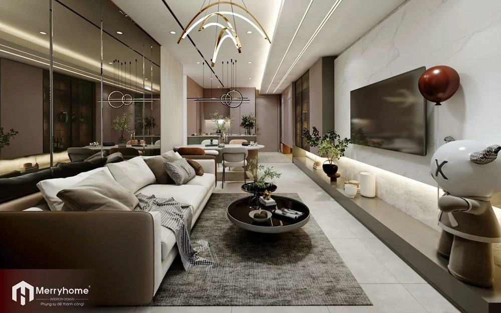 Mẫu phòng khách trong thiết kế nội thất căn hộ 70m2 phong cách tân cổ điển