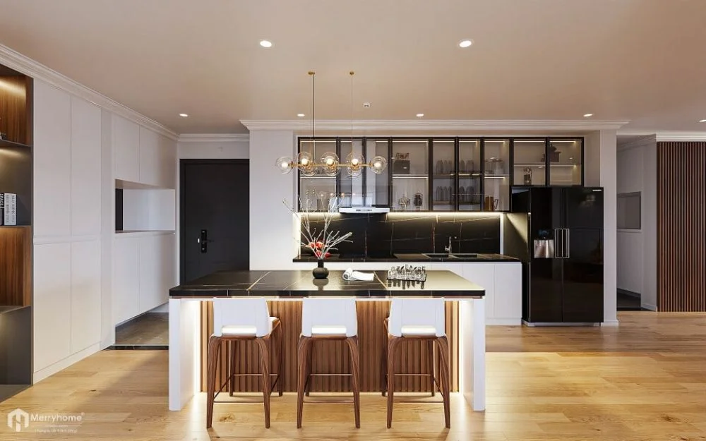 Mẫu phòng bếp trong thiết kế nội thất căn hộ 70m2 phong cách tân cổ điển