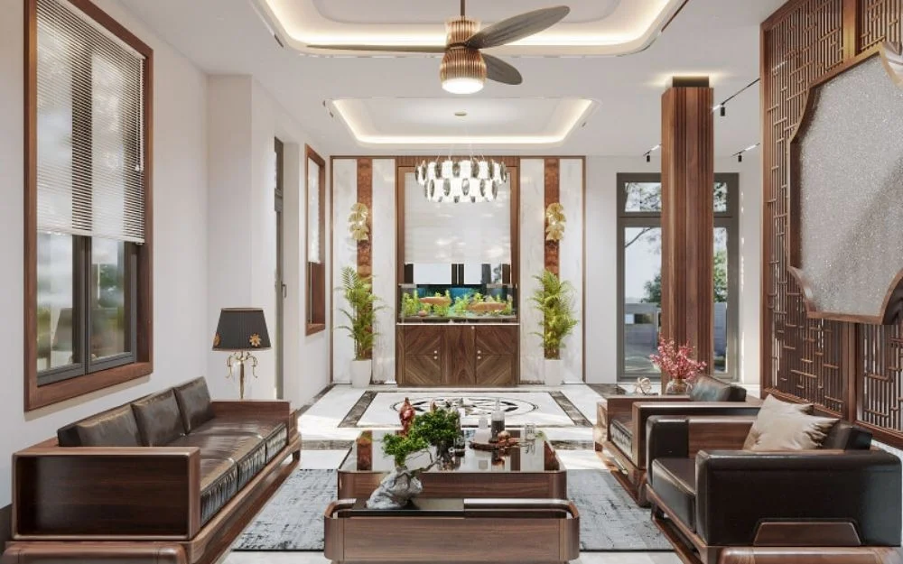 Mẫu phòng khách trong thiết kế nội thất căn hộ chung cư 70m2 phong cách Luxury