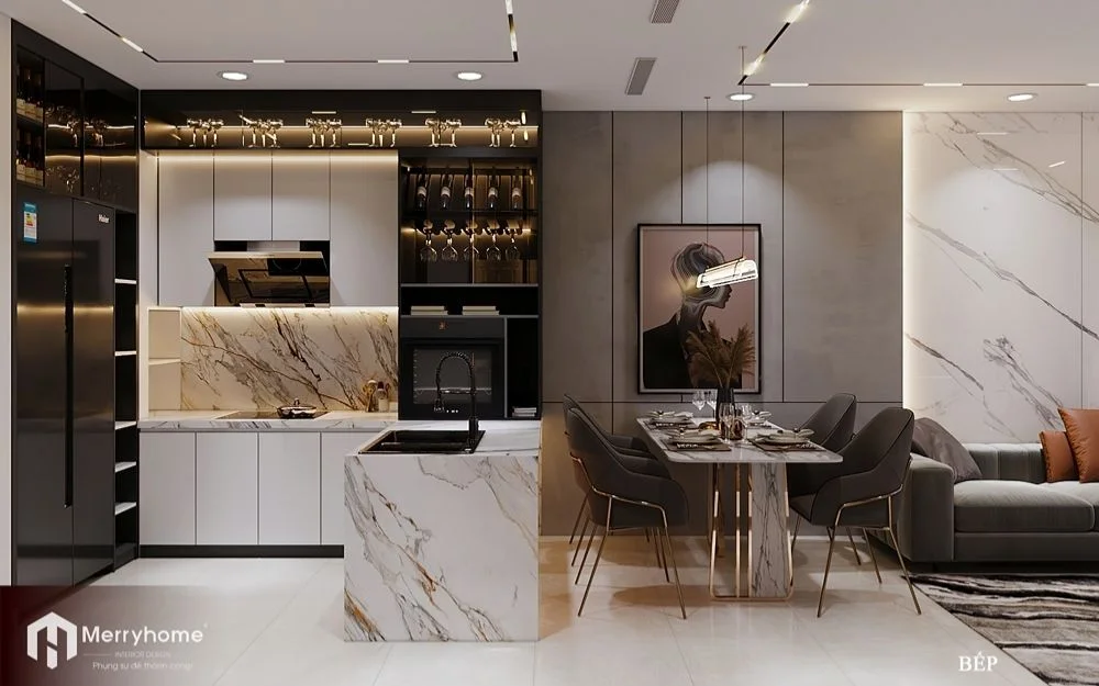 Mẫu phòng khách trong thiết kế nội thất căn hộ chung cư 70m2 phong cách Luxury
