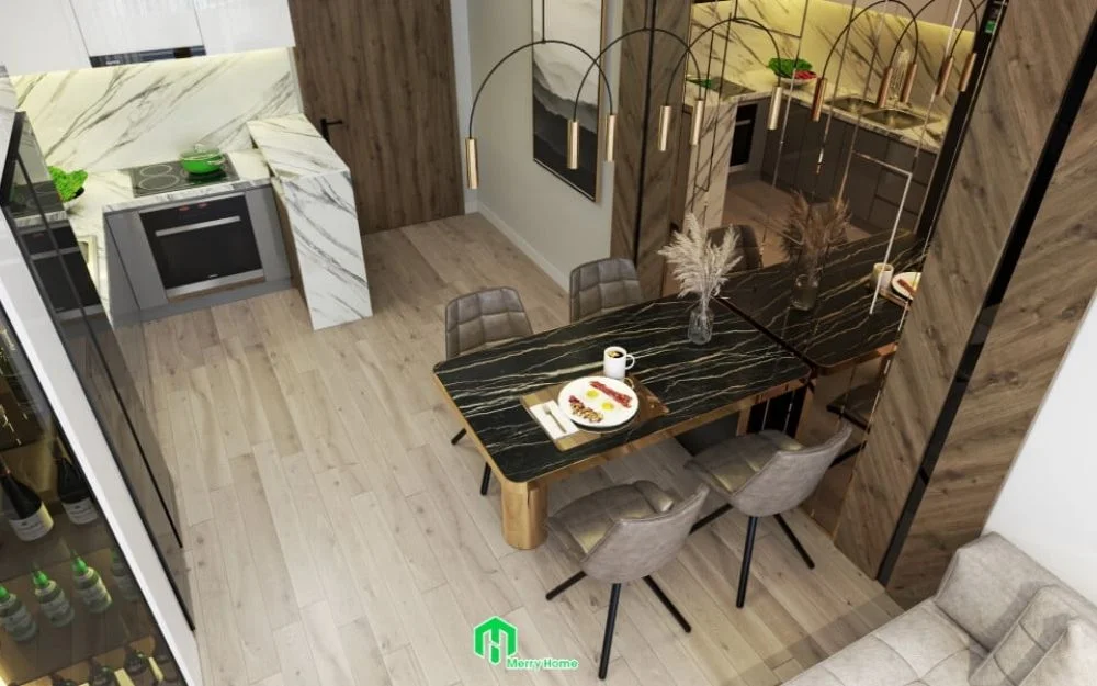 Mẫu phòng bếp trong thiết kế nội thất căn hộ 70m2 phong cách hiện đại