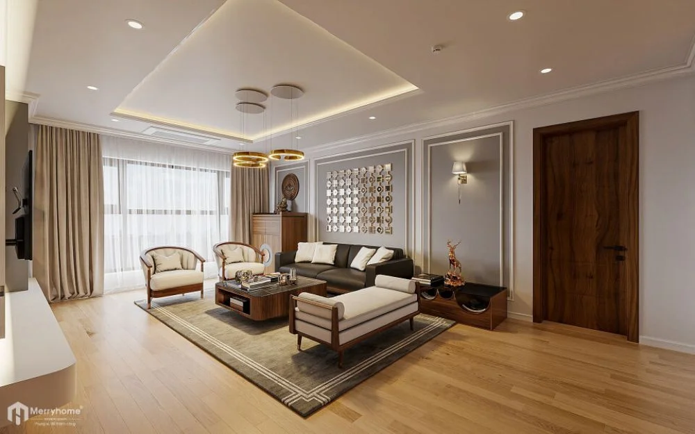 Phòng khách trong thiết kế nội thất chung cư 62m2 phong cách Tân cổ điển