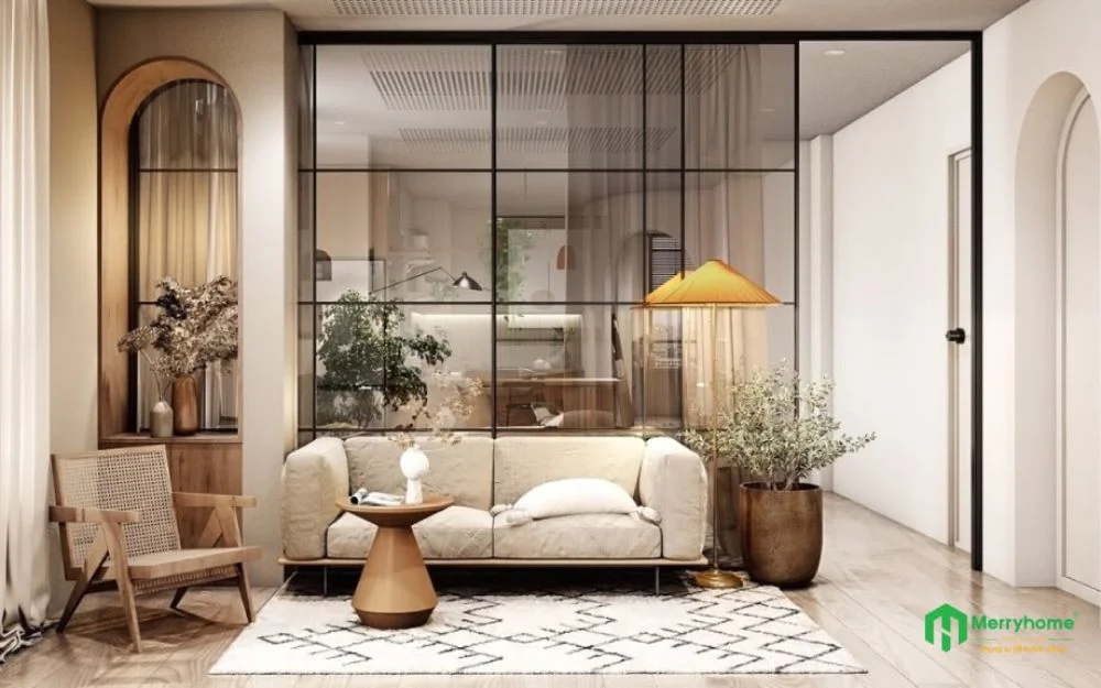 Mẫu phòng khách thiết kế nội thất chung cư 62m2 phong cách Japandi