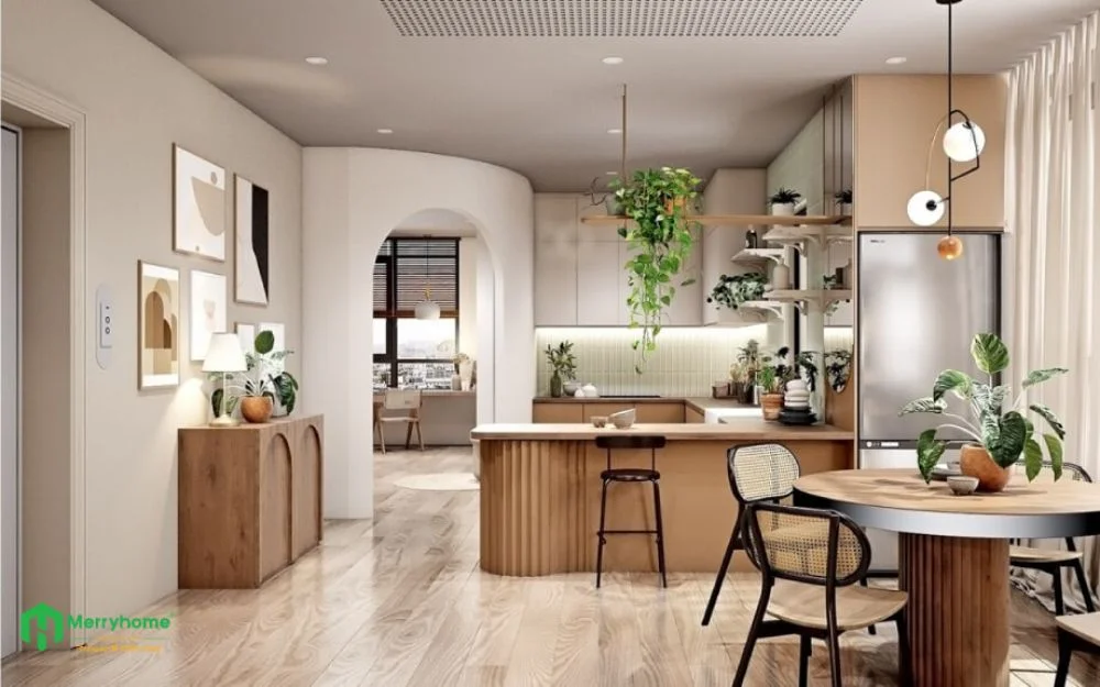 Mẫu phòng bếp thiết kế nội thất chung cư 62m2 phong cách Japandi